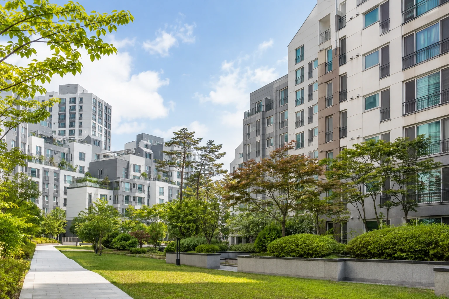 Moderne begrünte Wohnanlage in Mapo-gu mit unterschiedlich hohen Apartmentgebäuden